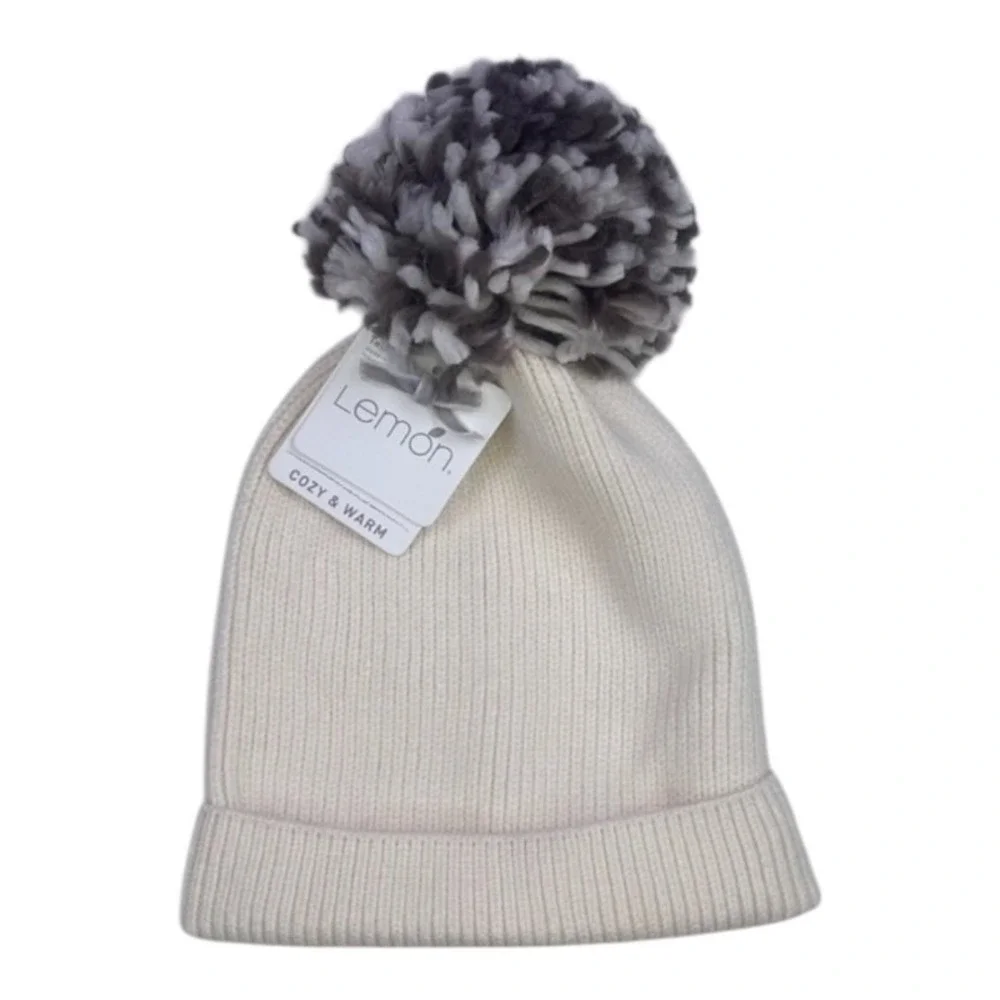 Lemon Cream Ribbed Knit Pom Beanie Hat One Size NWT